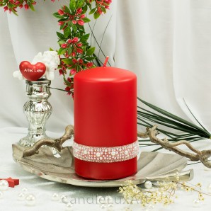 Stumpen Kerzen 8x14cm matt mit Perlring Strass rot