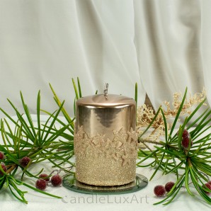 Stumpenkerze 7x10cm Hochglanz Metallic Sternenmuster Rosegold